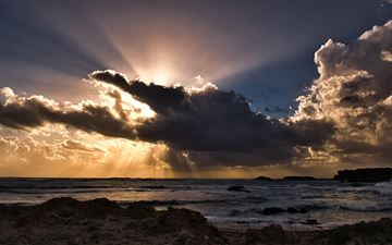 clouds sun rays passing ocean 5k All Mac wallpaper