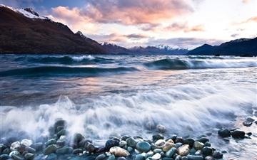 Stones Beach Wave Mountains Clouds All Mac wallpaper