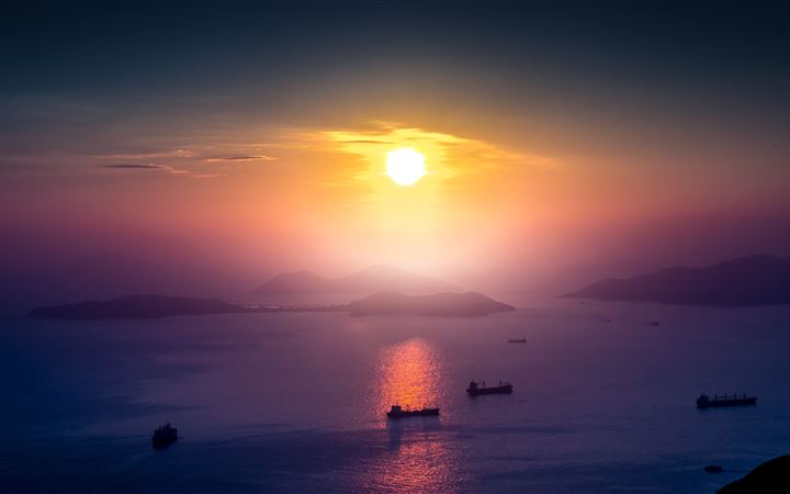 landscape sunrise boat mist mountain horizon All Mac wallpaper
