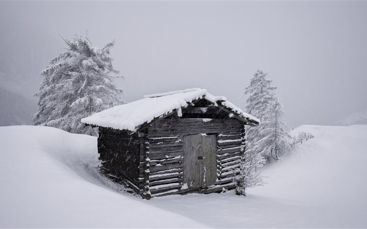 mountain hut snow 5k All Mac wallpaper