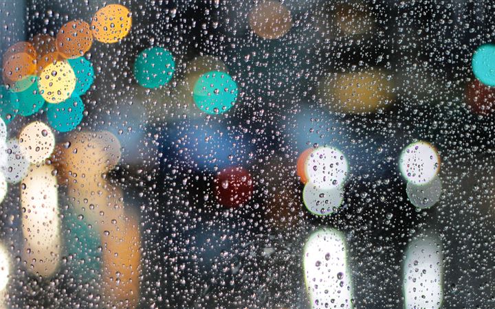 rainy day drops on glass lights bokeh 5k All Mac wallpaper