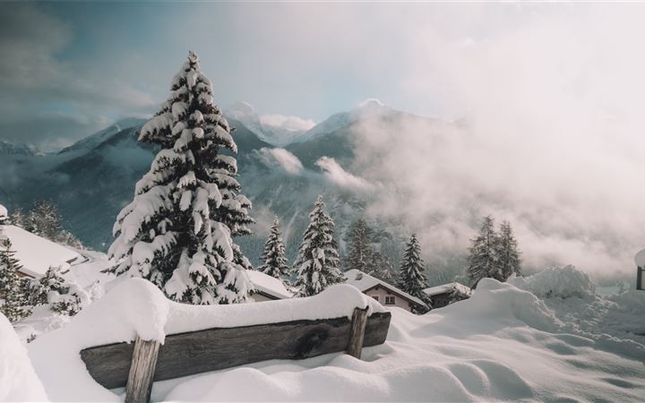 snow covered mountains and trees during daytime All Mac wallpaper