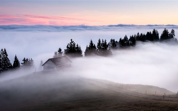 white and brown wooden house surrounded by fogs All Mac wallpaper