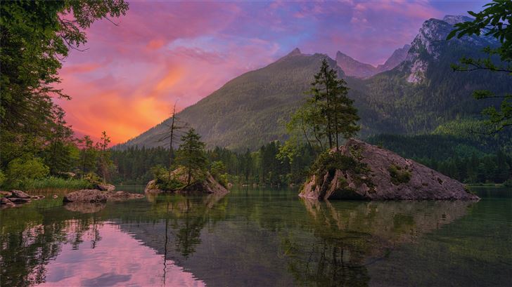 green trees near lake and mountain during sunset Mac Wallpaper