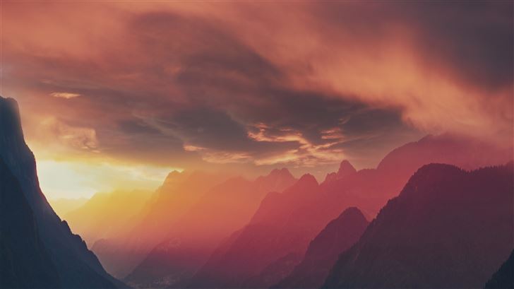 fog landscape mountains sunset 8k Mac Wallpaper