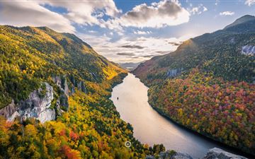 river mountains fall clouds tree 5k All Mac wallpaper