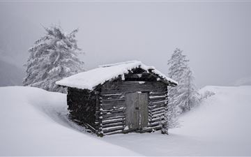 mountain hut snow 5k All Mac wallpaper