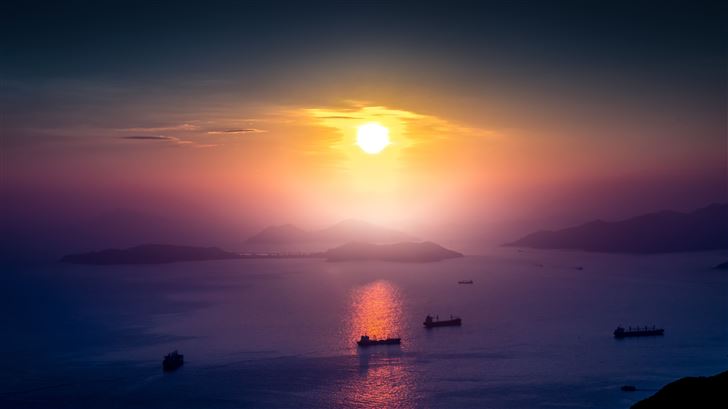 landscape sunrise boat mist mountain horizon Mac Wallpaper