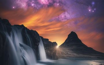 waterfall glowing sky stars mountains 5k iMac wallpaper