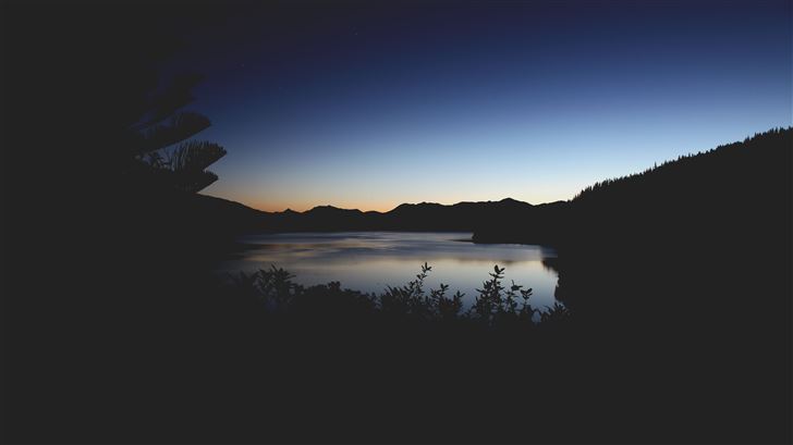 sunset lake mountains beach silhouette 5k Mac Wallpaper