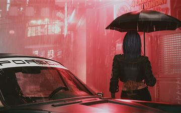 cyberpunk 2077 umbrella girl iMac wallpaper