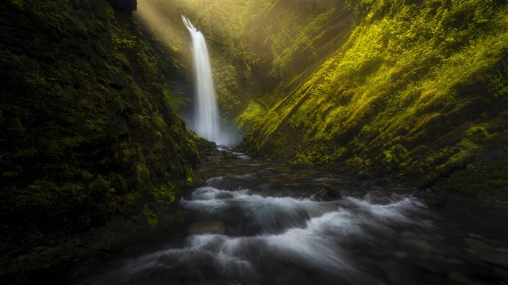 waterfall forest morning sun beams 8k Mac Wallpaper