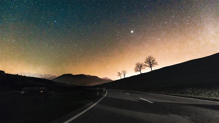 sky full of stars road down to hill 8k Mac Wallpaper