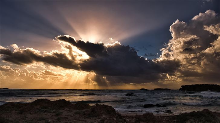 clouds sun rays passing ocean 5k Mac Wallpaper
