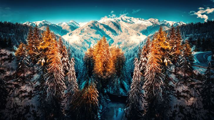 snow landscape mountains trees forest 5k Mac Wallpaper