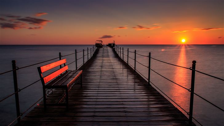 pier bench sunset 5k Mac Wallpaper