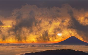 volcano mountains sky fantasy orange clouds sunset All Mac wallpaper