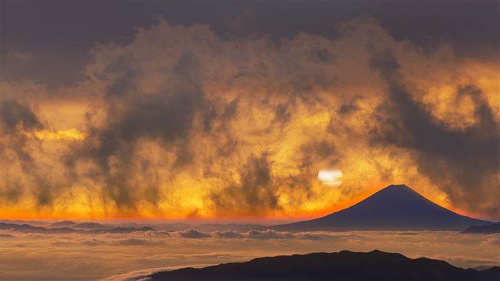 volcano mountains sky fantasy orange clouds sunset Mac Wallpaper