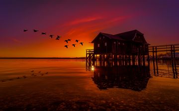 lake house on pier birds flying sunset scenery MacBook Pro wallpaper