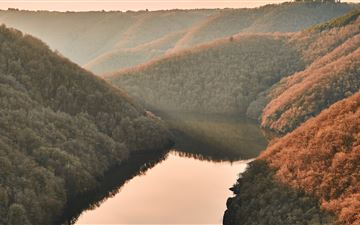 mountain river sun forest correze drink fall 5k iMac wallpaper