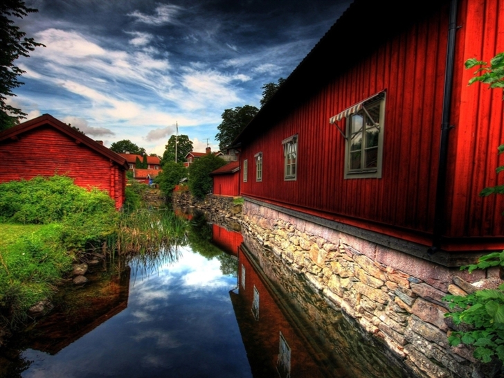 Nature River Red house Mac Wallpaper